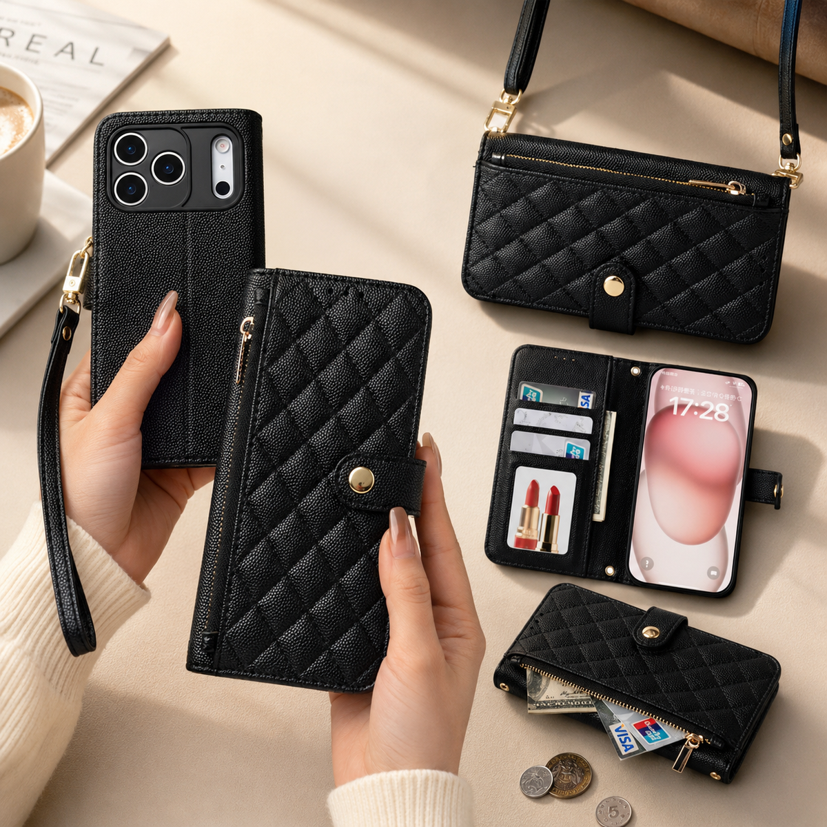 Premium iPhone Case Crossbody Wallet PU Leather Card Holder Lanyard Strap Protective Cover Anti Scratch Non Slip Slim Lightweight Secure Storage Grip