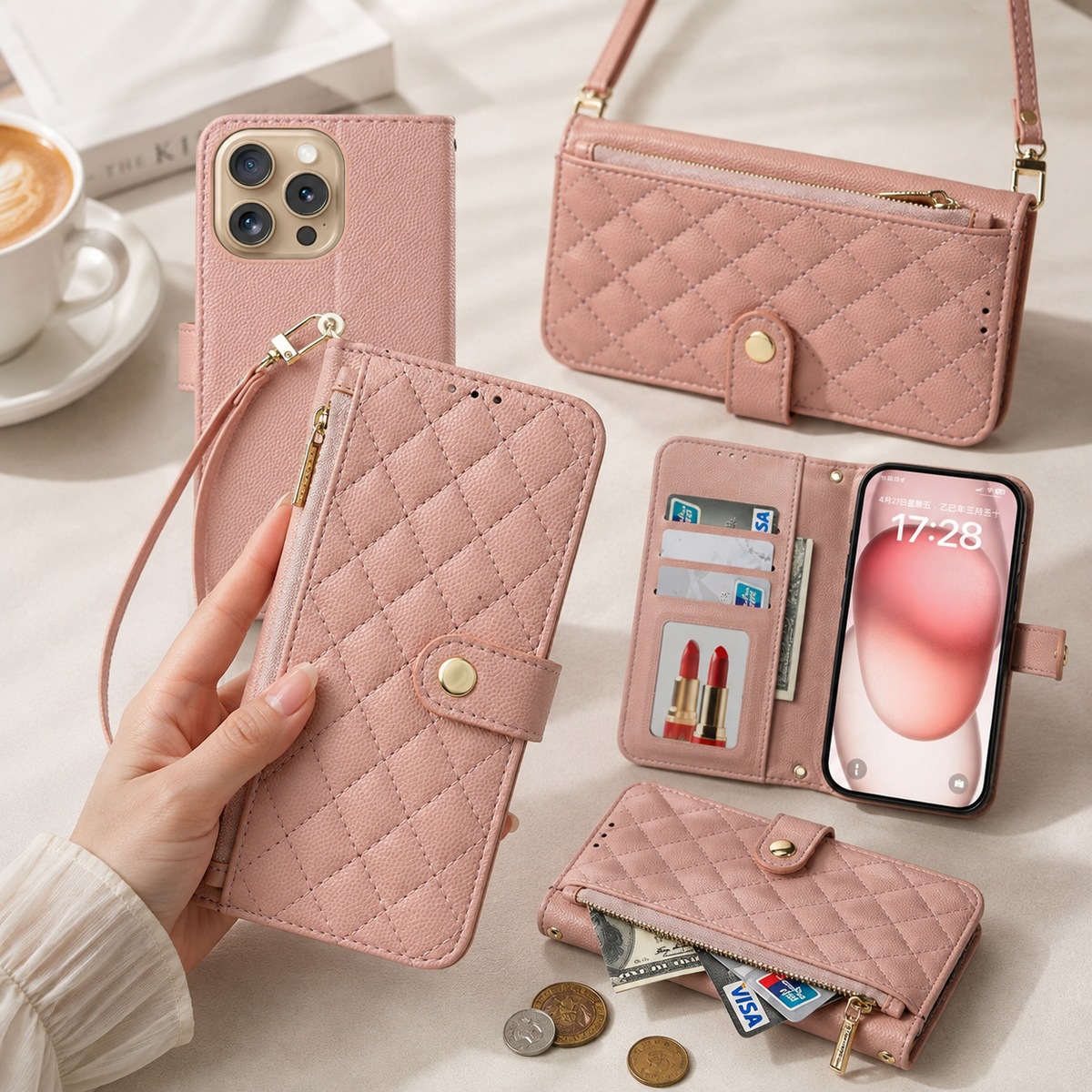 Premium iPhone Case Crossbody Wallet PU Leather Card Holder Lanyard Strap Protective Cover Anti Scratch Non Slip Slim Lightweight Secure Storage Grip