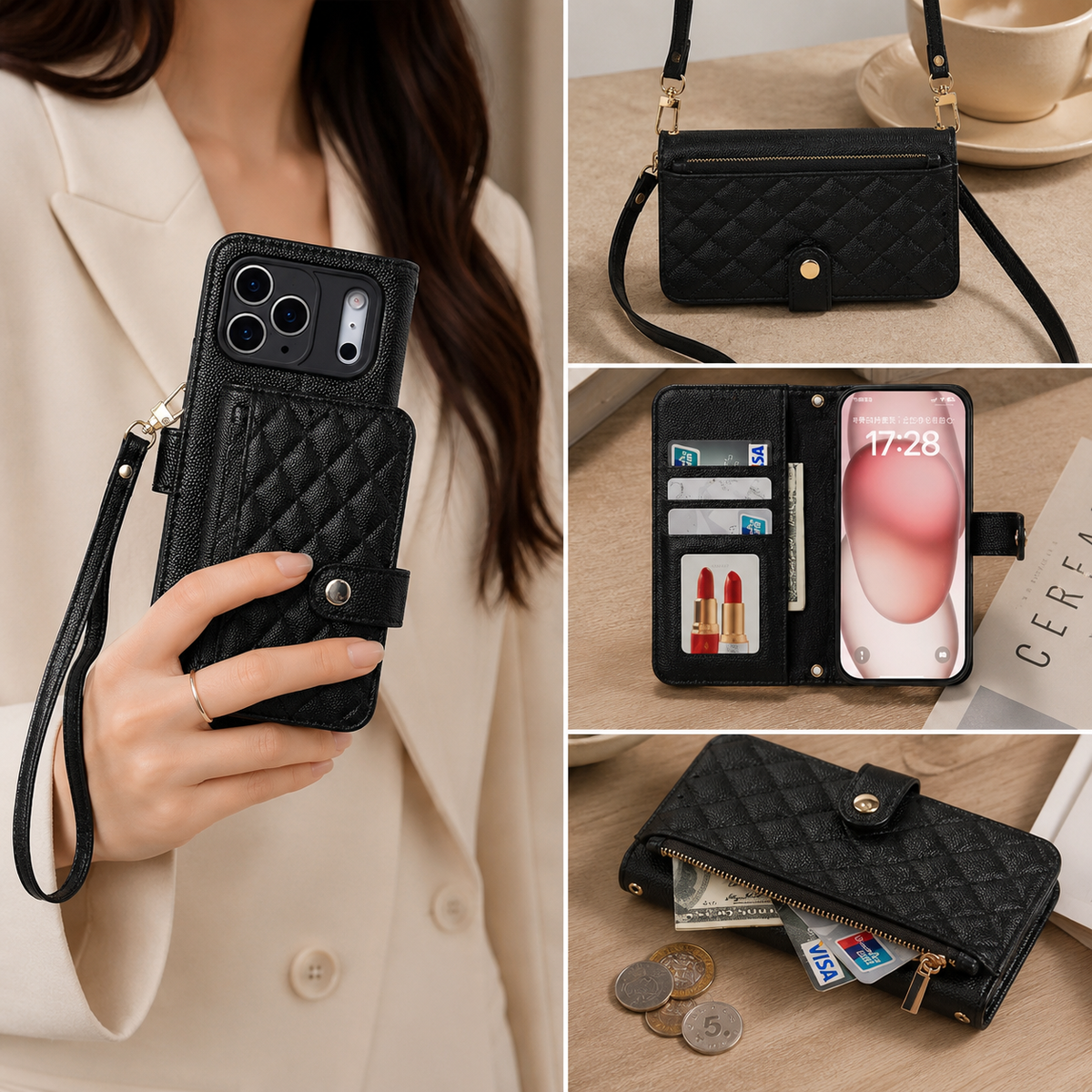Premium iPhone Case Crossbody Wallet PU Leather Card Holder Lanyard Strap Protective Cover Anti Scratch Non Slip Slim Lightweight Secure Storage Grip