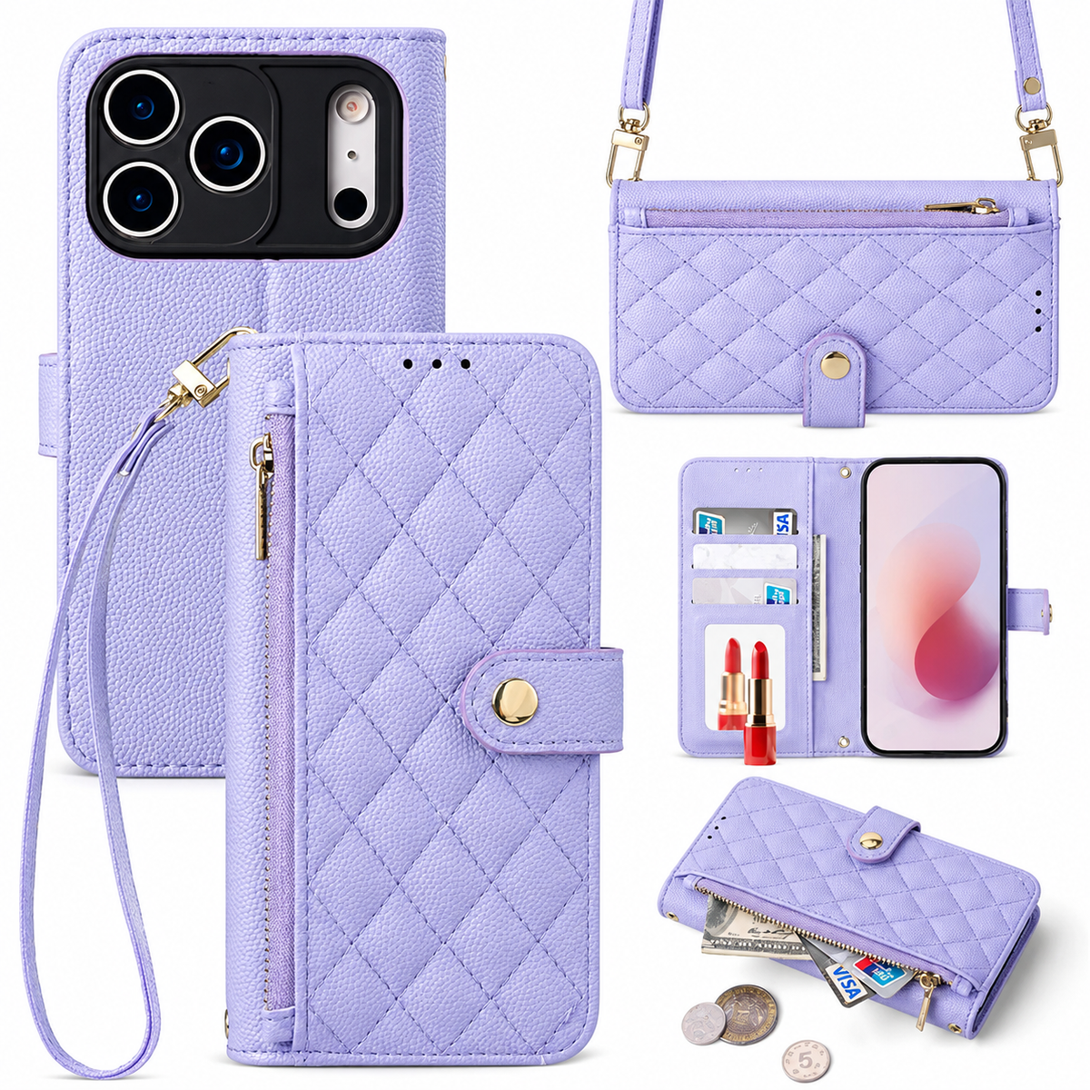 Premium iPhone Case Crossbody Wallet PU Leather Card Holder Lanyard Strap Protective Cover Anti Scratch Non Slip Slim Lightweight Secure Storage Grip