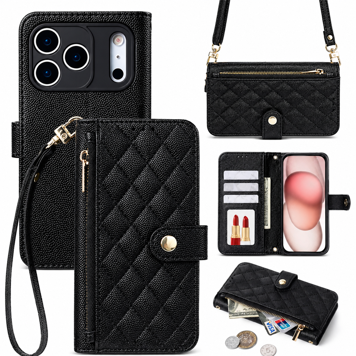 Premium iPhone Case Crossbody Wallet PU Leather Card Holder Lanyard Strap Protective Cover Anti Scratch Non Slip Slim Lightweight Secure Storage Grip