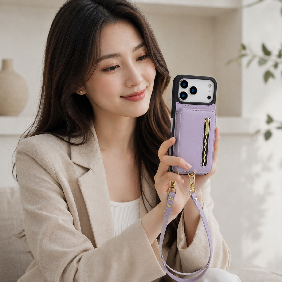 Premium iPhone Case Crossbody Zipper Leather Wallet Card Slots Protective Cover Shockproof Storage Strap Anti Scratch Slim Travel Phone Case Design