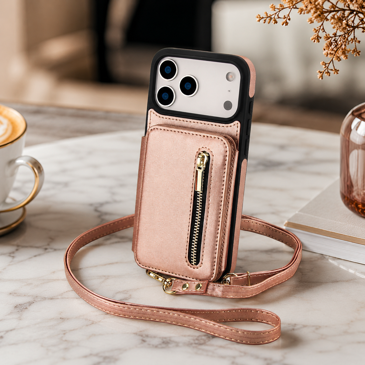 Premium iPhone Case Crossbody Zipper Leather Wallet Card Slots Protective Cover Shockproof Storage Strap Anti Scratch Slim Travel Phone Case Design