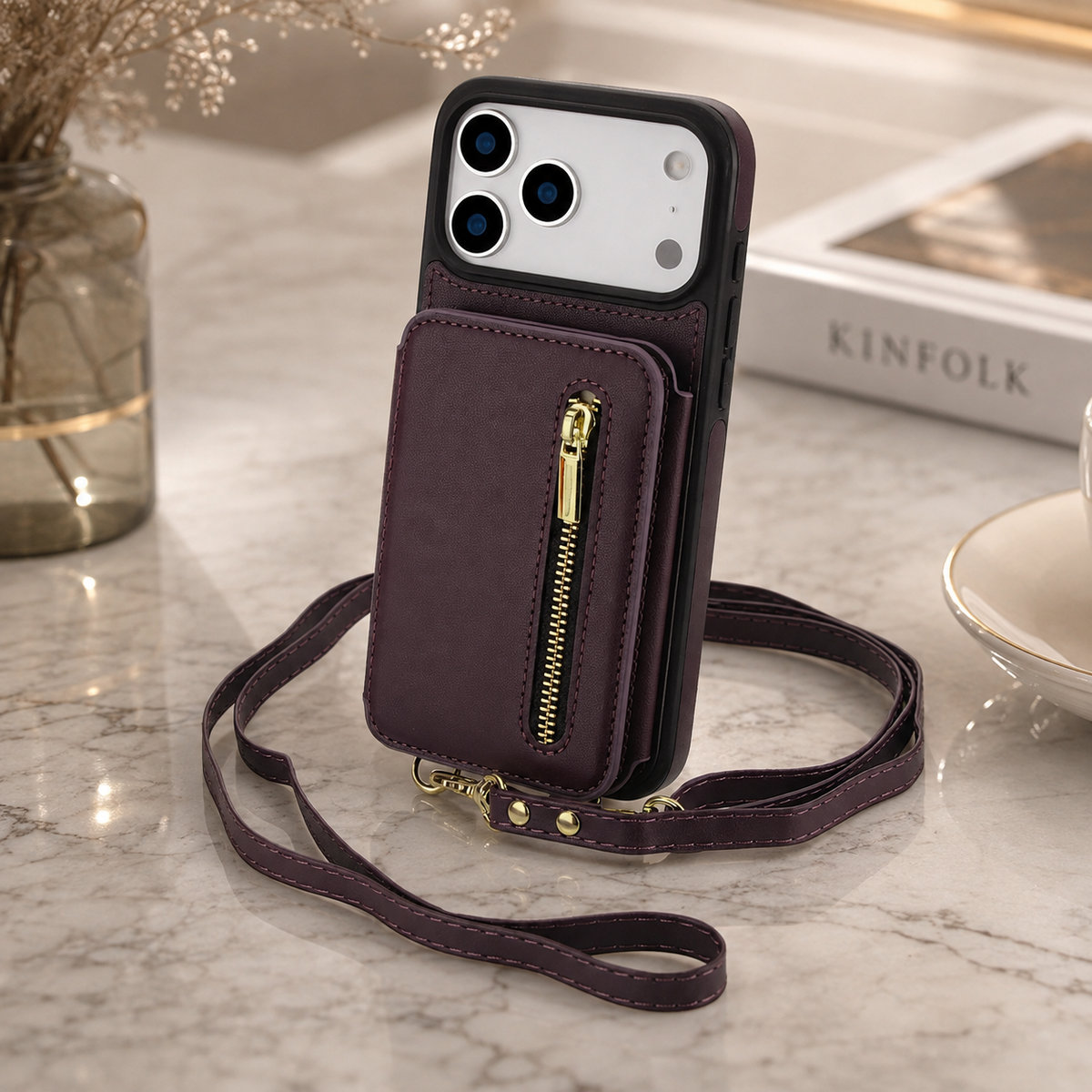 Premium iPhone Case Crossbody Zipper Leather Wallet Card Slots Protective Cover Shockproof Storage Strap Anti Scratch Slim Travel Phone Case Design