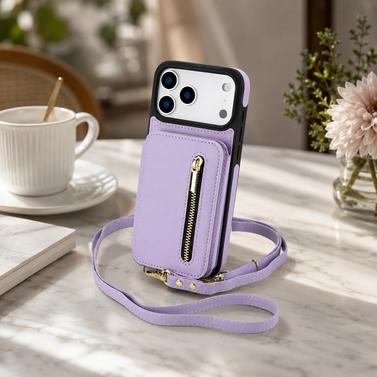 Premium iPhone Case Crossbody Zipper Leather Wallet Card Slots Protective Cover Shockproof Storage Strap Anti Scratch Slim Travel Phone Case Design