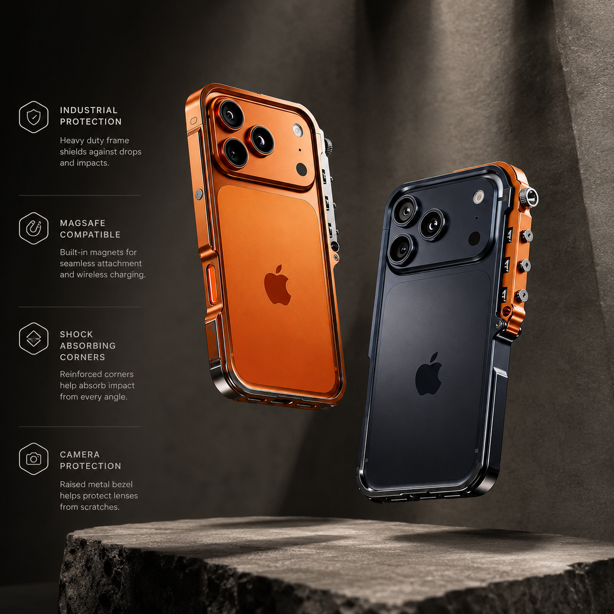 Premium iPhone Case Cyberpunk Aluminum Alloy Mechanical Bumper Shockproof Metal Frame Heavy Duty Drop Protection Camera Lens Guard Rugged Slim Design