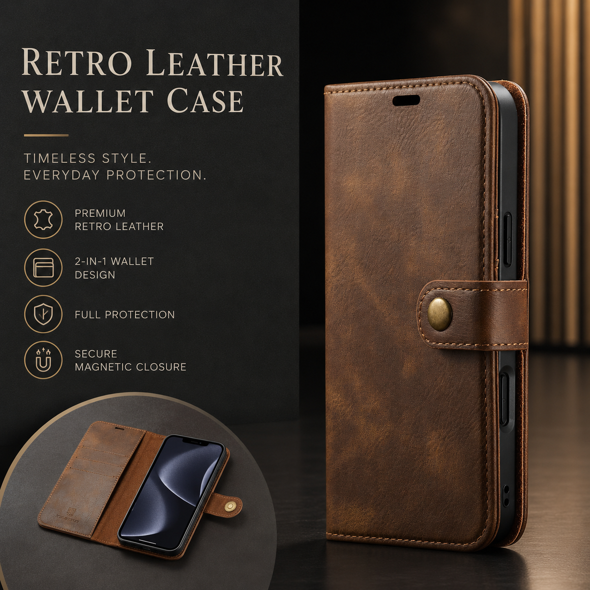 Premium iPhone Case Detachable Magnetic Leather Wallet Card Holder Flip Protective Cover Full Coverage Anti Scratch Slim Secure Closure Everyday Storage