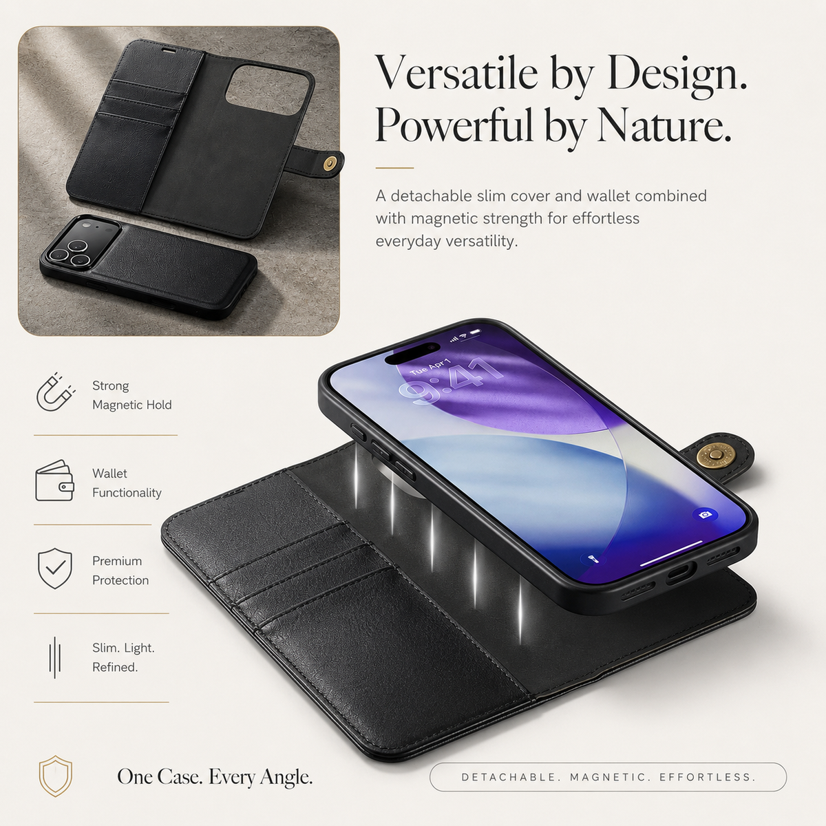 Premium iPhone Case Detachable Magnetic Leather Wallet Card Holder Flip Protective Cover Full Coverage Anti Scratch Slim Secure Closure Everyday Storage