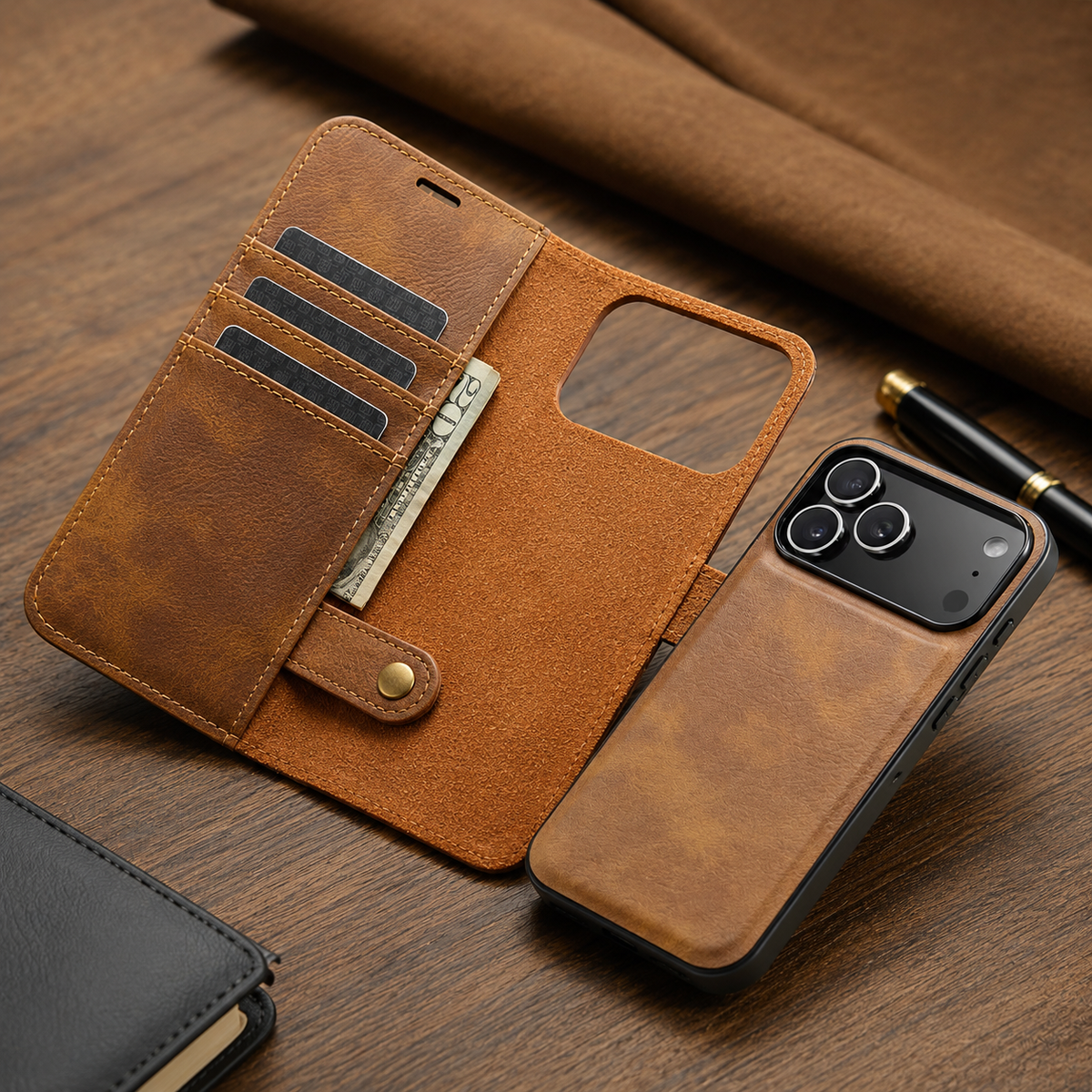 Premium iPhone Case Detachable Magnetic Leather Wallet Card Holder Flip Protective Cover Full Coverage Anti Scratch Slim Secure Closure Everyday Storage