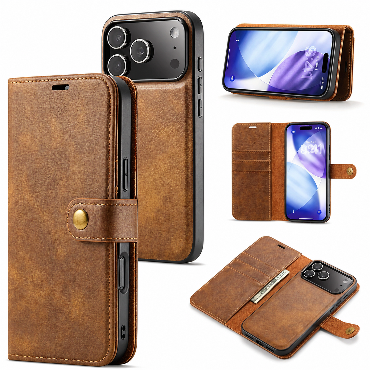 Premium iPhone Case Detachable Magnetic Leather Wallet Card Holder Flip Protective Cover Full Coverage Anti Scratch Slim Secure Closure Everyday Storage