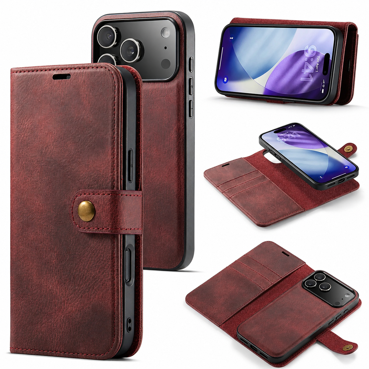 Premium iPhone Case Detachable Magnetic Leather Wallet Card Holder Flip Protective Cover Full Coverage Anti Scratch Slim Secure Closure Everyday Storage