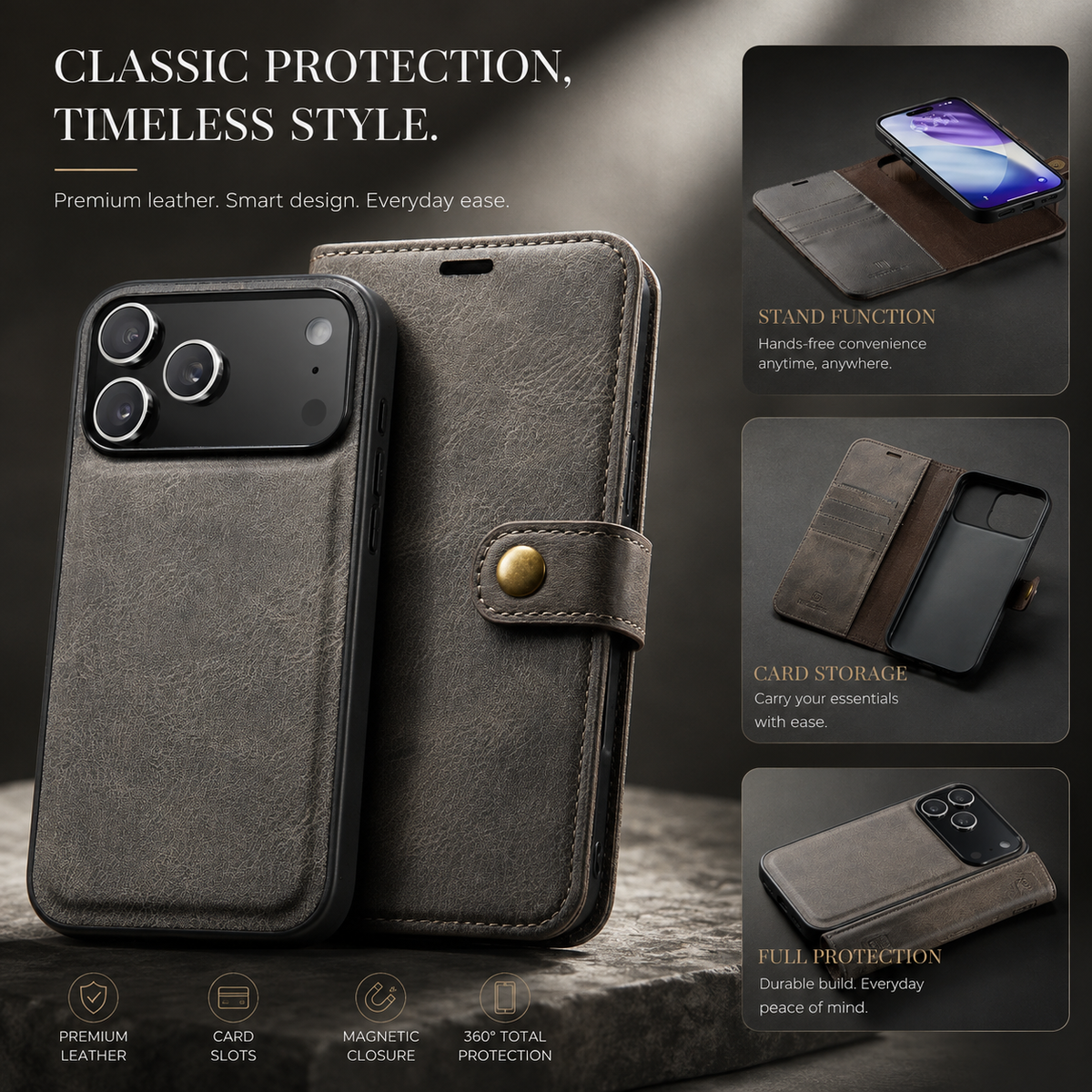 Premium iPhone Case Detachable Magnetic Leather Wallet Card Holder Flip Protective Cover Full Coverage Anti Scratch Slim Secure Closure Everyday Storage