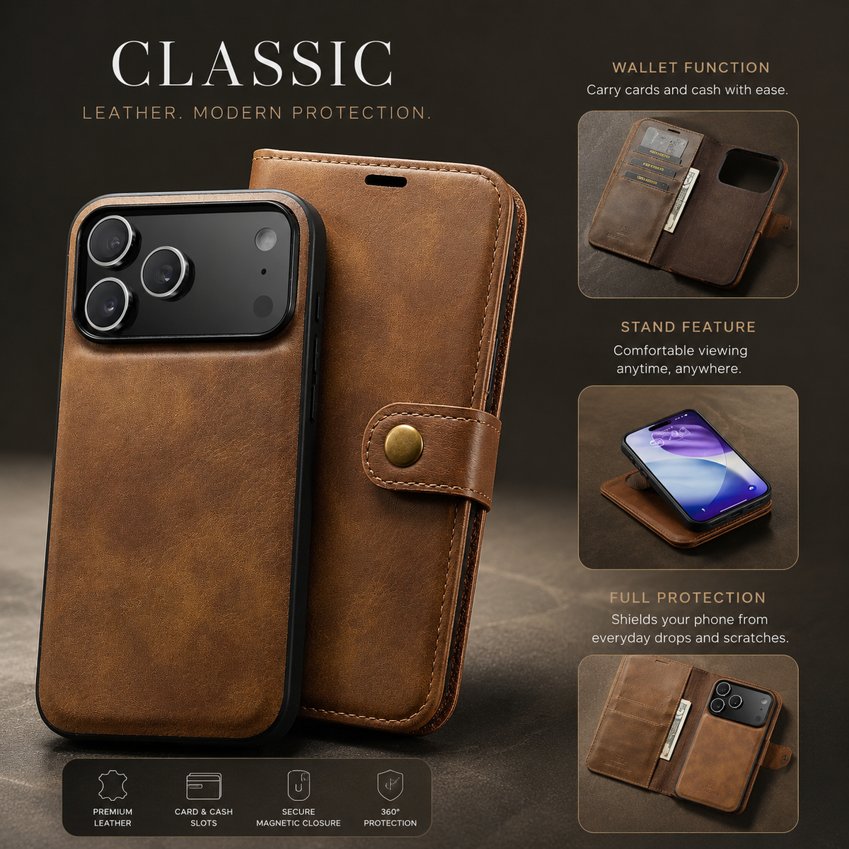 Premium iPhone Case Detachable Magnetic Leather Wallet Card Holder Flip Protective Cover Full Coverage Anti Scratch Slim Secure Closure Everyday Storage