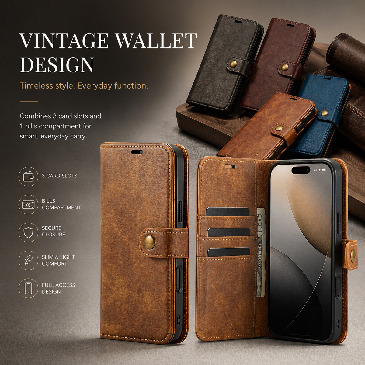 Premium iPhone Case Detachable Magnetic Leather Wallet Card Holder Flip Protective Cover Full Coverage Anti Scratch Slim Secure Closure Everyday Storage