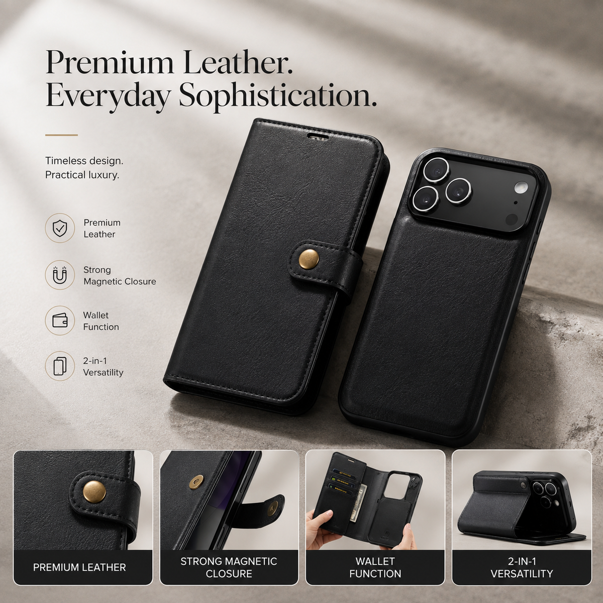 Premium iPhone Case Detachable Magnetic Leather Wallet Card Holder Flip Protective Cover Full Coverage Anti Scratch Slim Secure Closure Everyday Storage