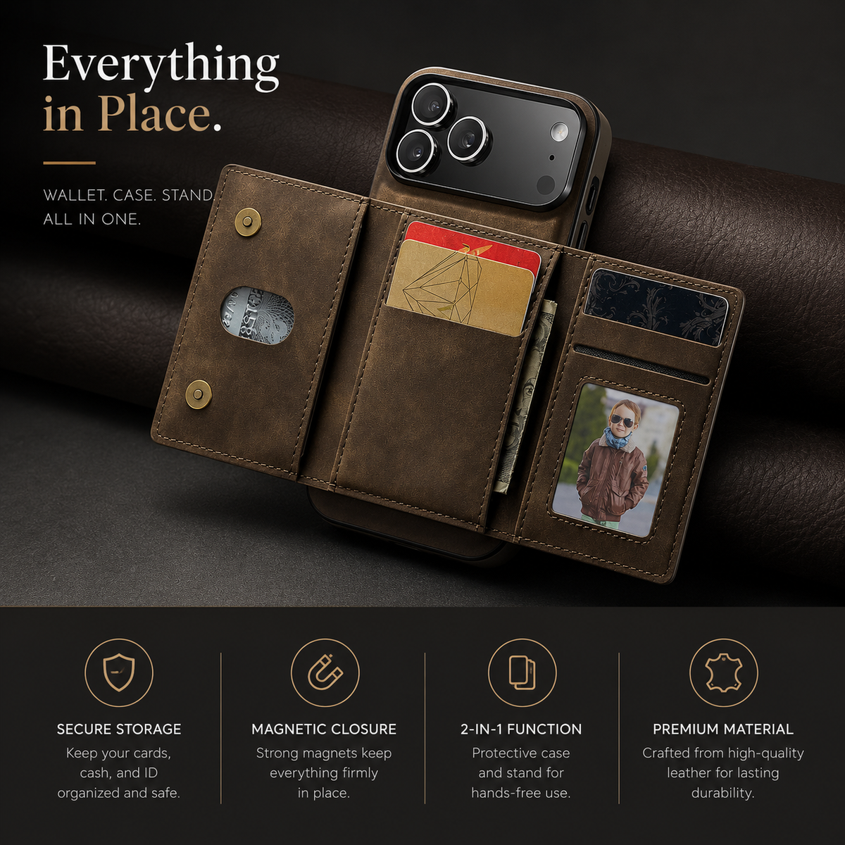 Premium iPhone Case Detachable Magnetic Leather Wallet Card Holder Kickstand Protective Cover Full Coverage Anti Scratch Slim Folio Secure Storage