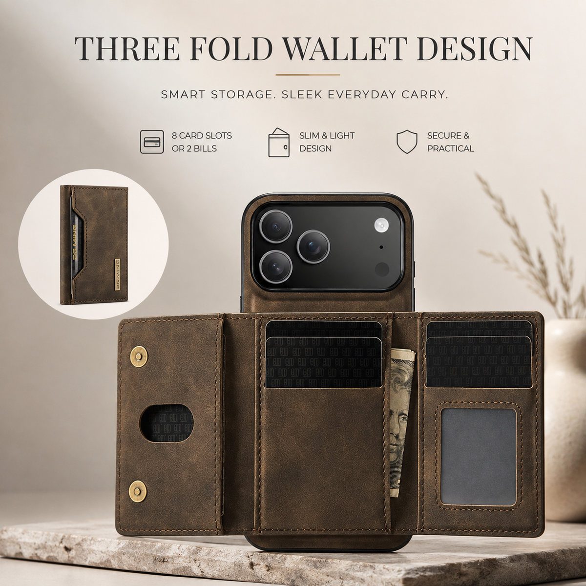Premium iPhone Case Detachable Magnetic Leather Wallet Card Holder Kickstand Protective Cover Full Coverage Anti Scratch Slim Folio Secure Storage
