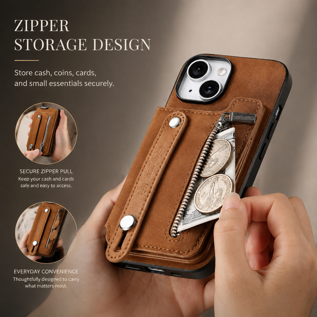 Premium iPhone Case Detachable Zipper Wallet Flip Cover PU Leather Card Holder Magnetic Closure Wrist Strap Shockproof Full Protection Slim Design