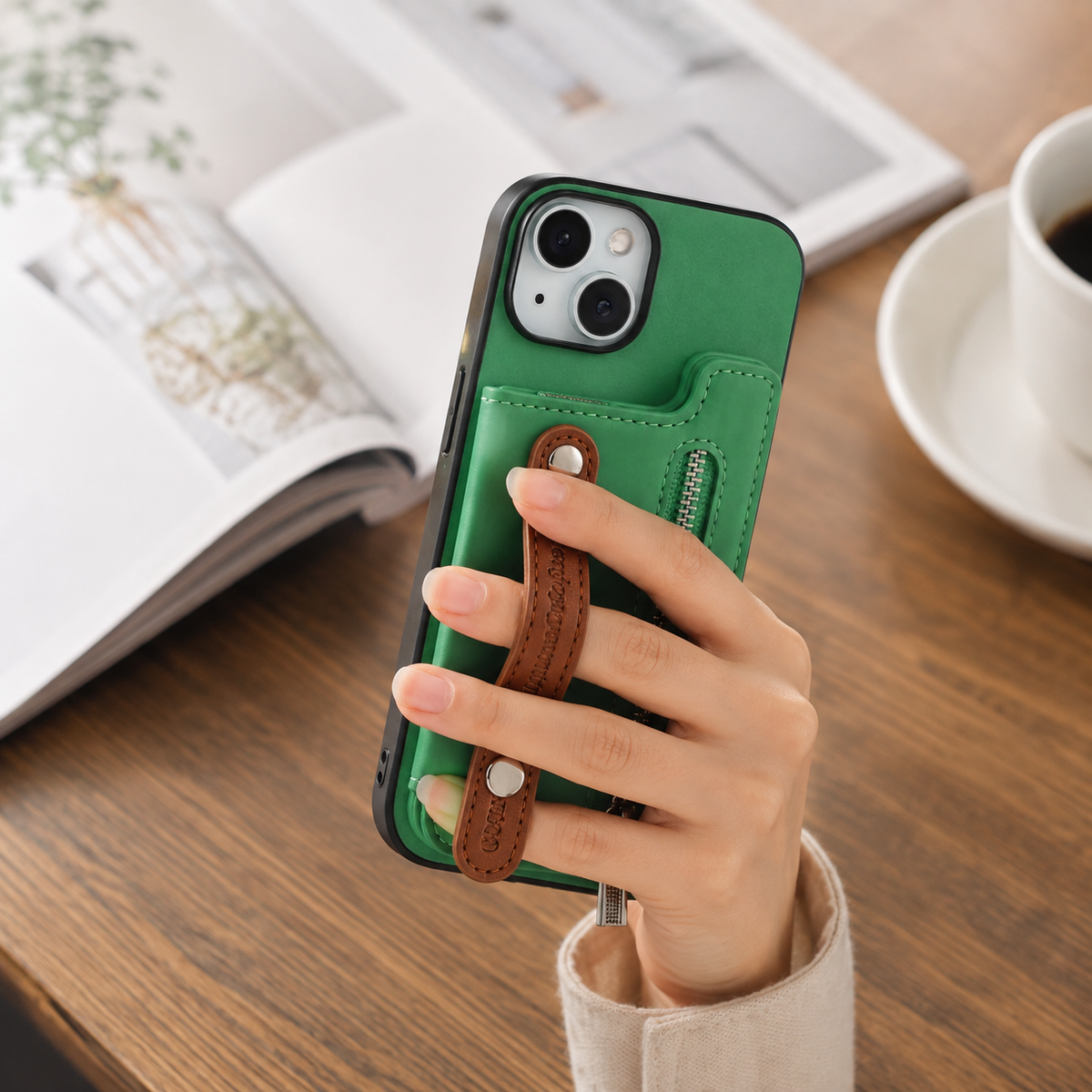 Premium iPhone Case Detachable Zipper Wallet Flip Cover PU Leather Card Holder Magnetic Closure Wrist Strap Shockproof Full Protection Slim Design