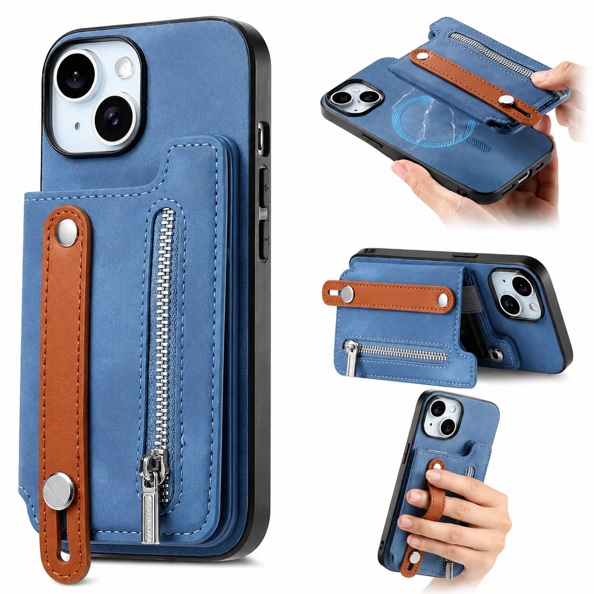 Premium iPhone Case Detachable Zipper Wallet Flip Cover PU Leather Card Holder Magnetic Closure Wrist Strap Shockproof Full Protection Slim Design