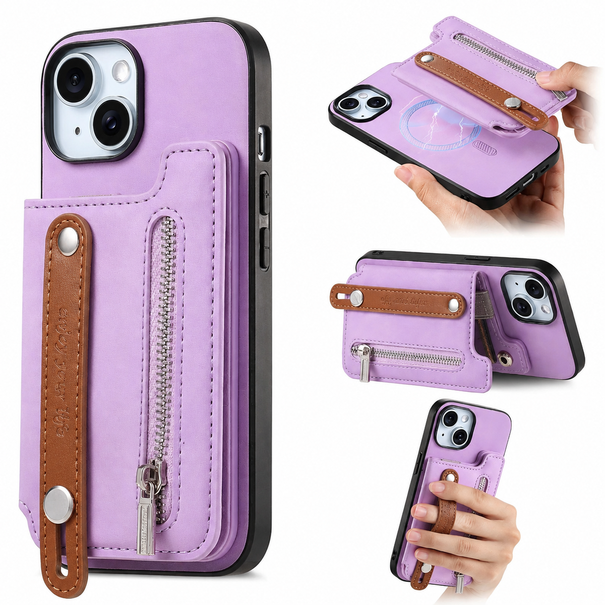 Premium iPhone Case Detachable Zipper Wallet Flip Cover PU Leather Card Holder Magnetic Closure Wrist Strap Shockproof Full Protection Slim Design