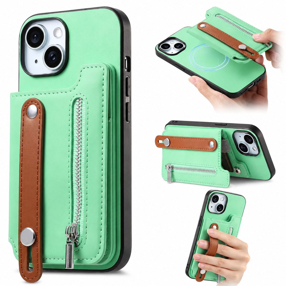 Premium iPhone Case Detachable Zipper Wallet Flip Cover PU Leather Card Holder Magnetic Closure Wrist Strap Shockproof Full Protection Slim Design