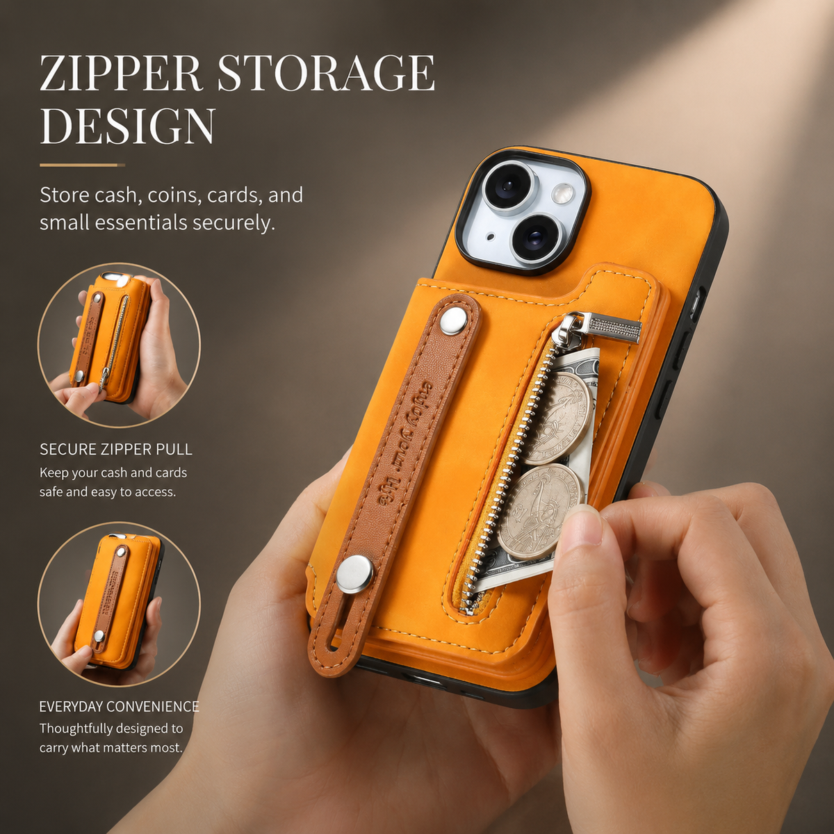 Premium iPhone Case Detachable Zipper Wallet Flip Cover PU Leather Card Holder Magnetic Closure Wrist Strap Shockproof Full Protection Slim Design