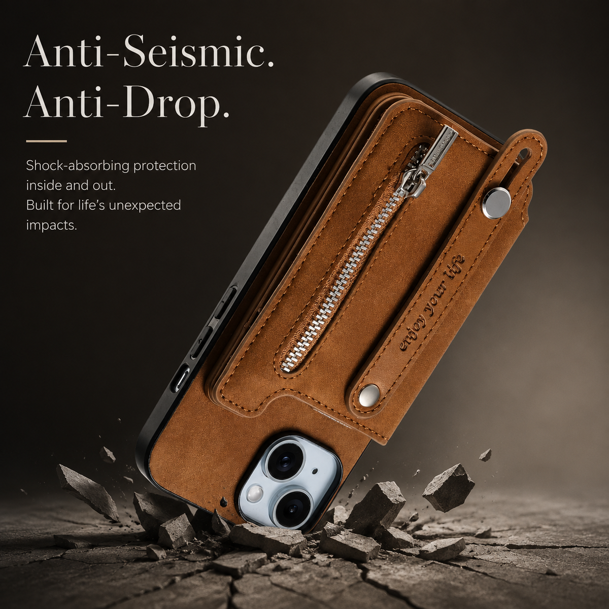 Premium iPhone Case Detachable Zipper Wallet Flip Cover PU Leather Card Holder Magnetic Closure Wrist Strap Shockproof Full Protection Slim Design