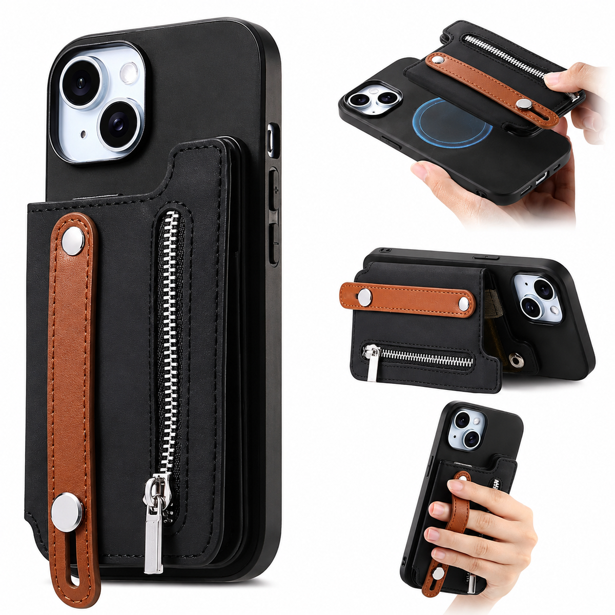 Premium iPhone Case Detachable Zipper Wallet Flip Cover PU Leather Card Holder Magnetic Closure Wrist Strap Shockproof Full Protection Slim Design