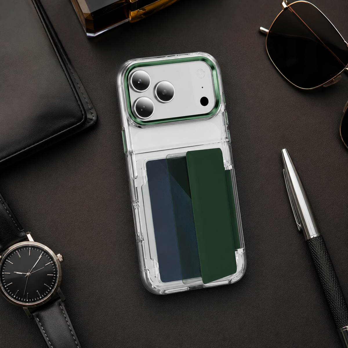 Premium iPhone Case Dual Card Slot Transparent Wallet Holder Shockproof Hard PC Anti Scratch Non Slip Lightweight Protective Back Cover Case Design
