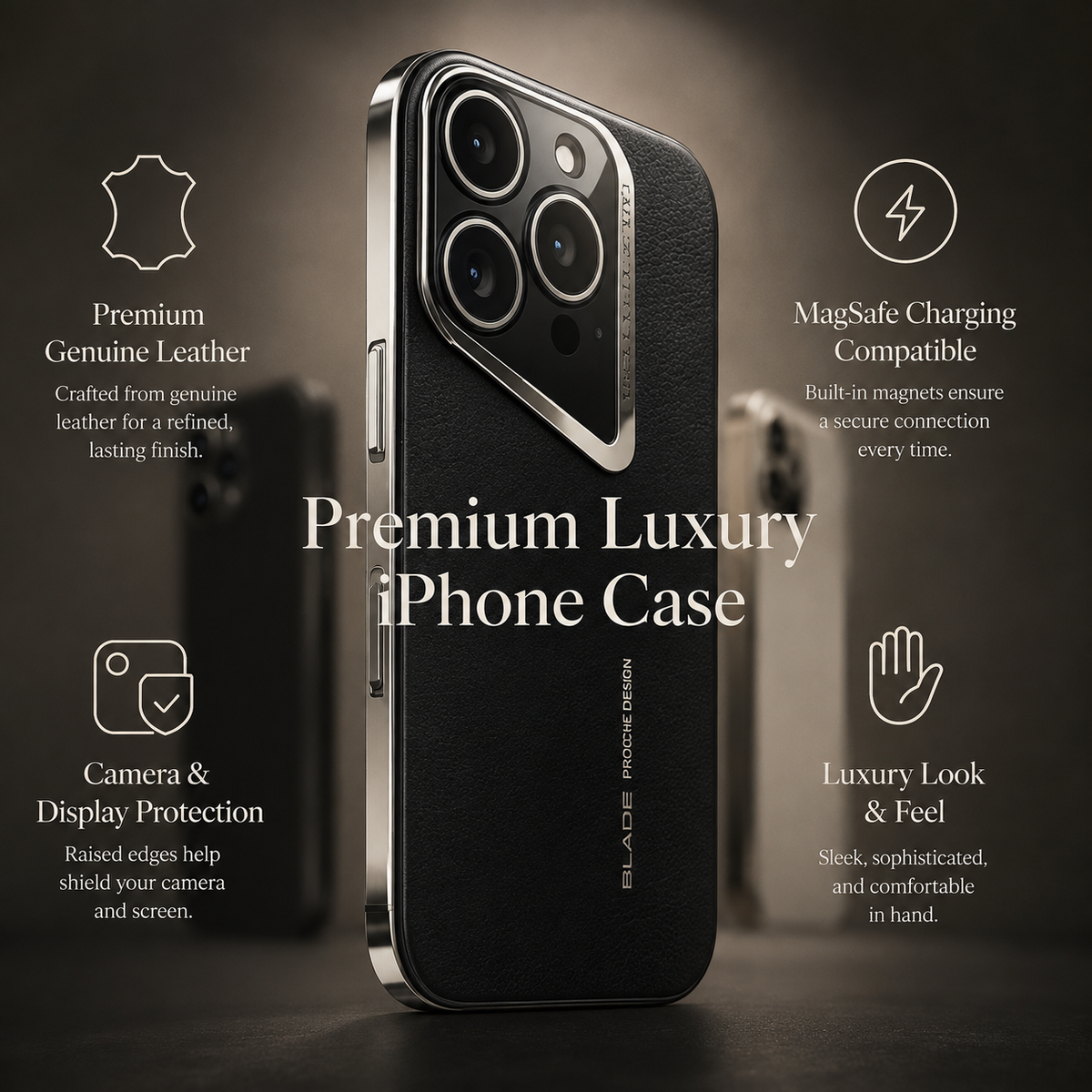 Premium iPhone Case Electroplated Genuine Leather Shockproof Protective Cover Hard Back Slim Design Camera Lens Protection Anti Slip Grip