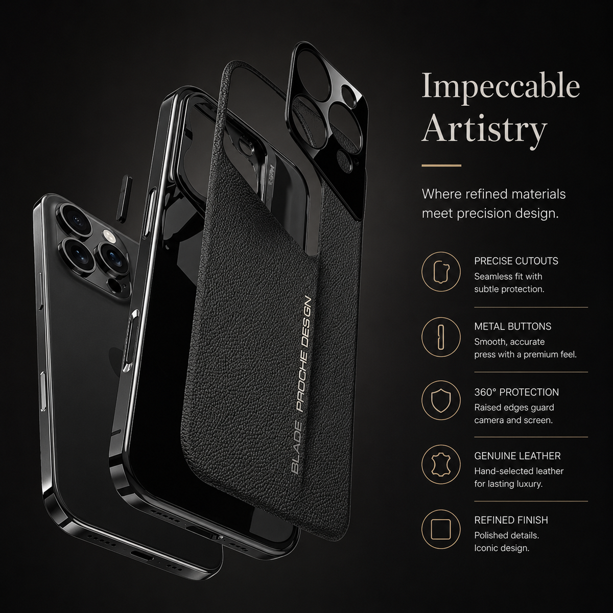 Premium iPhone Case Electroplated Genuine Leather Shockproof Protective Cover Hard Back Slim Design Camera Lens Protection Anti Slip Grip