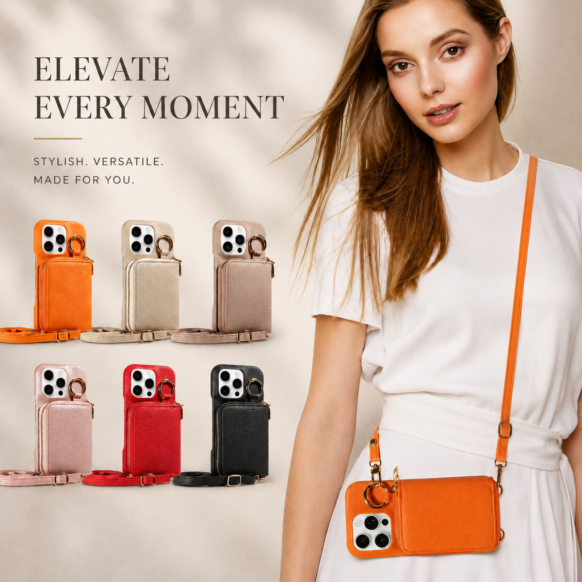 Premium iPhone Case Faux Leather Crossbody Wallet Cover Card Slots Ring Holder Shoulder Strap Shockproof Full Protection Slim Elegant Stand Design