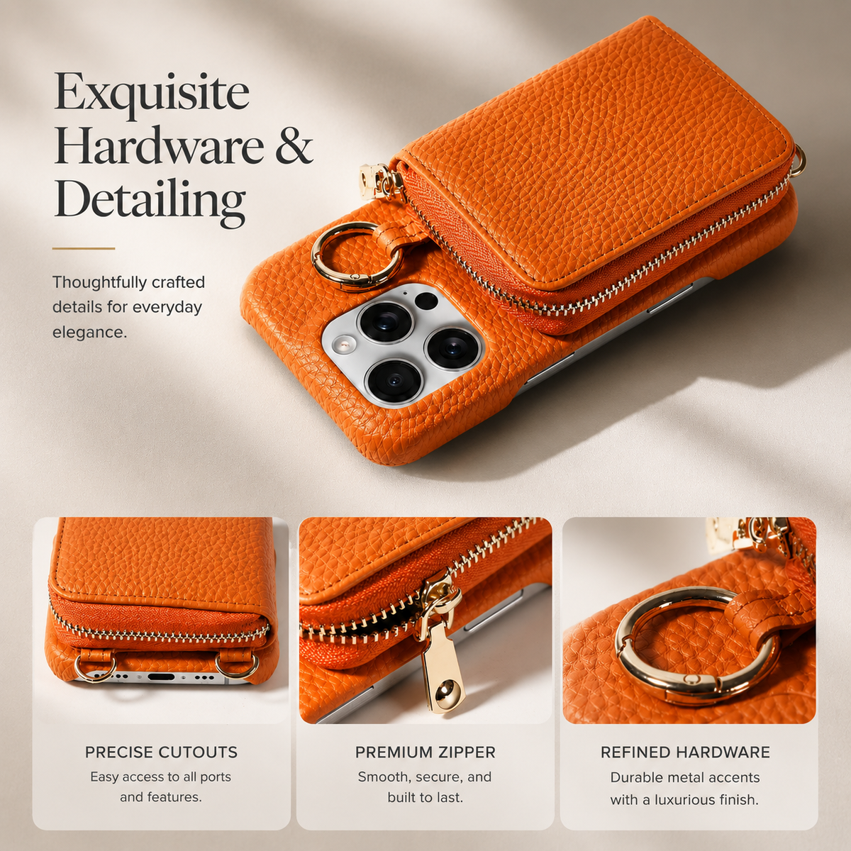 Premium iPhone Case Faux Leather Crossbody Wallet Cover Card Slots Ring Holder Shoulder Strap Shockproof Full Protection Slim Elegant Stand Design