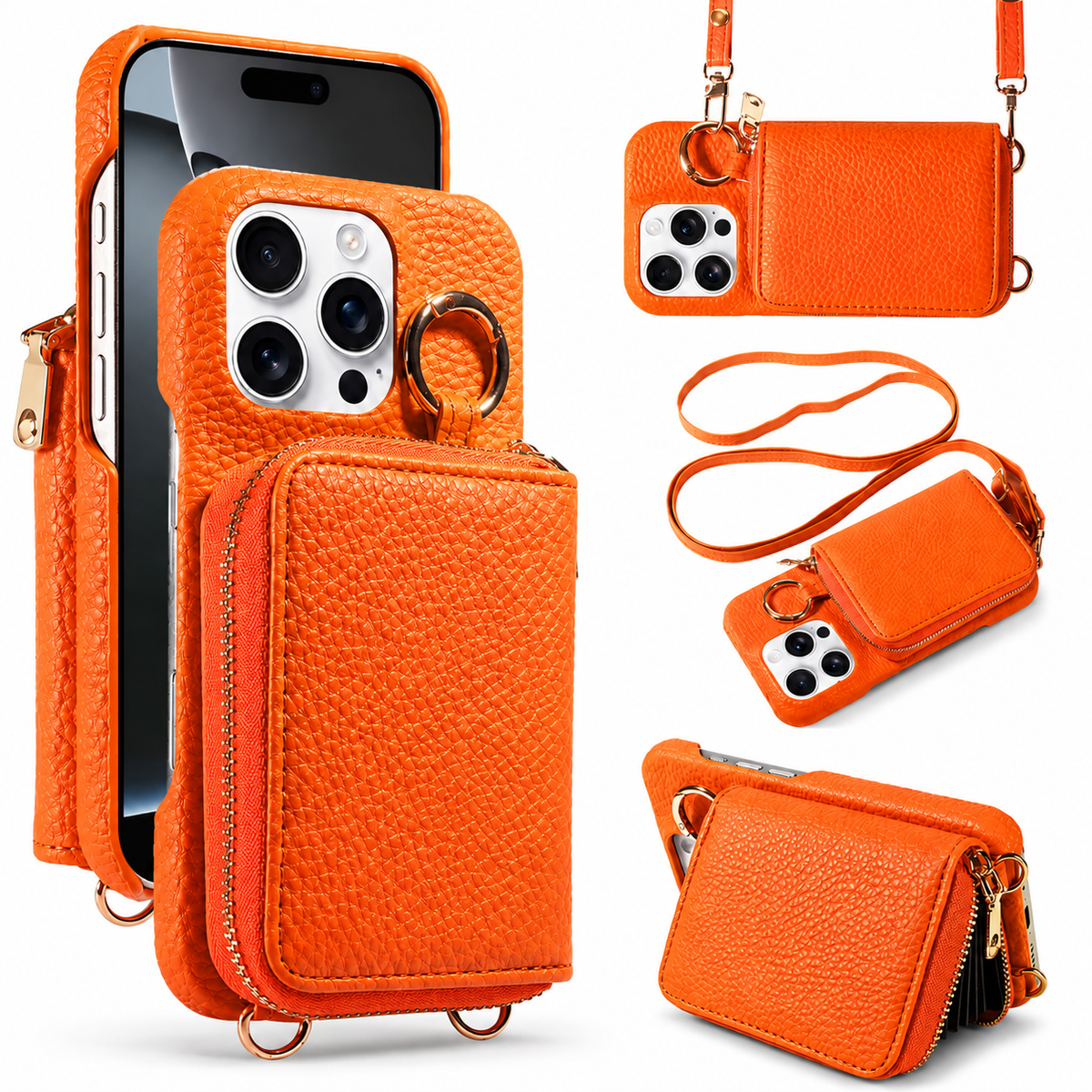 Premium iPhone Case Faux Leather Crossbody Wallet Cover Card Slots Ring Holder Shoulder Strap Shockproof Full Protection Slim Elegant Stand Design