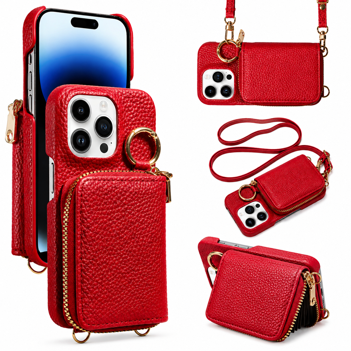 Premium iPhone Case Faux Leather Crossbody Wallet Cover Card Slots Ring Holder Shoulder Strap Shockproof Full Protection Slim Elegant Stand Design