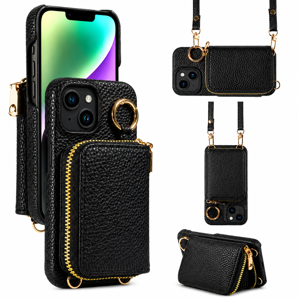 Premium iPhone Case Faux Leather Crossbody Wallet Cover Card Slots Ring Holder Shoulder Strap Shockproof Full Protection Slim Elegant Stand Design
