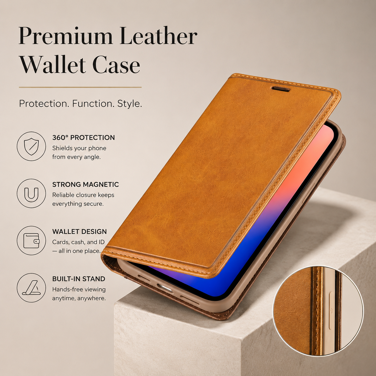 Premium iPhone Case Flip Wallet MagSafe Compatible Genuine Leather Magnetic Closure Card Holder Shockproof Protective Cover Camera Lens Protection Slim Design
