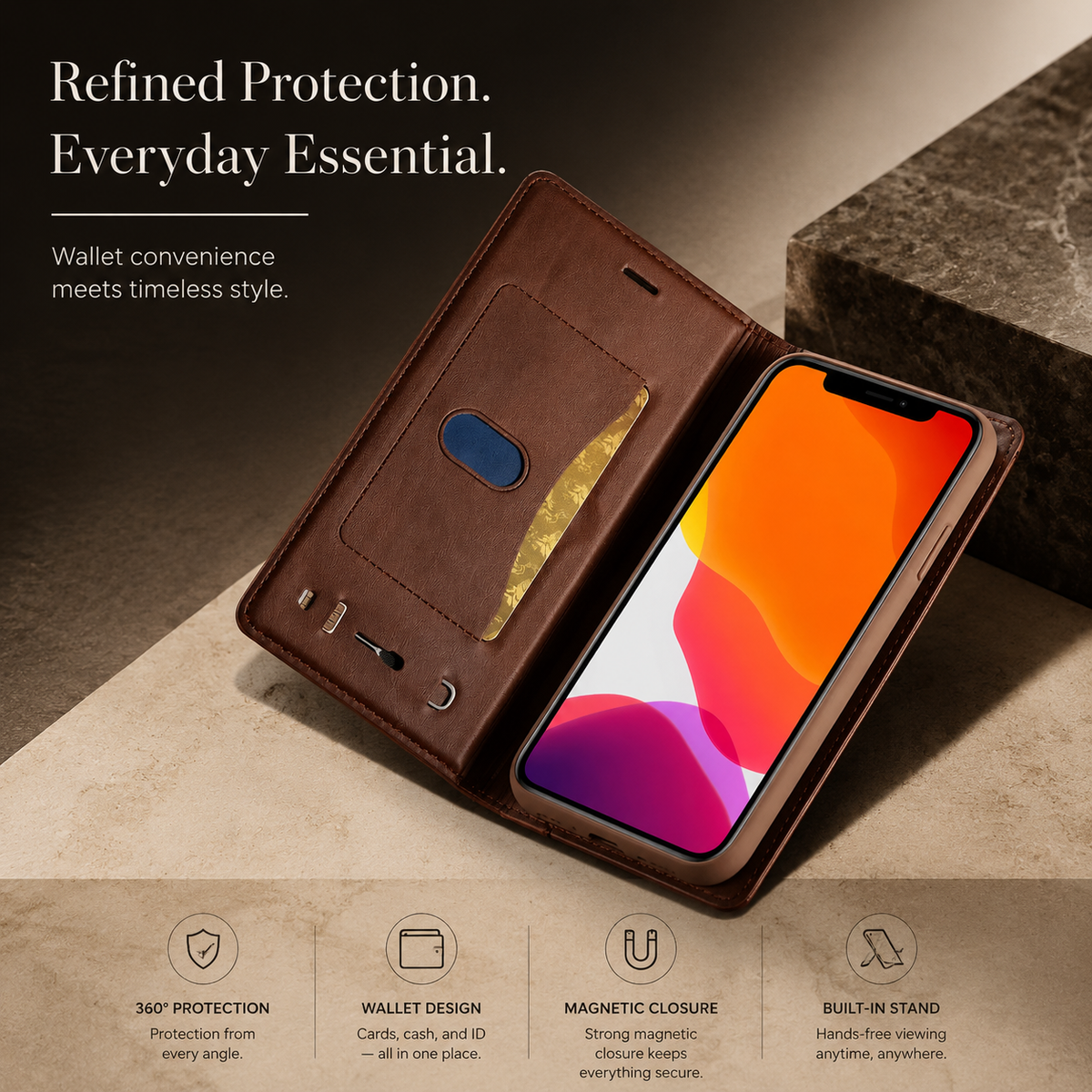 Premium iPhone Case Flip Wallet MagSafe Compatible Genuine Leather Magnetic Closure Card Holder Shockproof Protective Cover Camera Lens Protection Slim Design