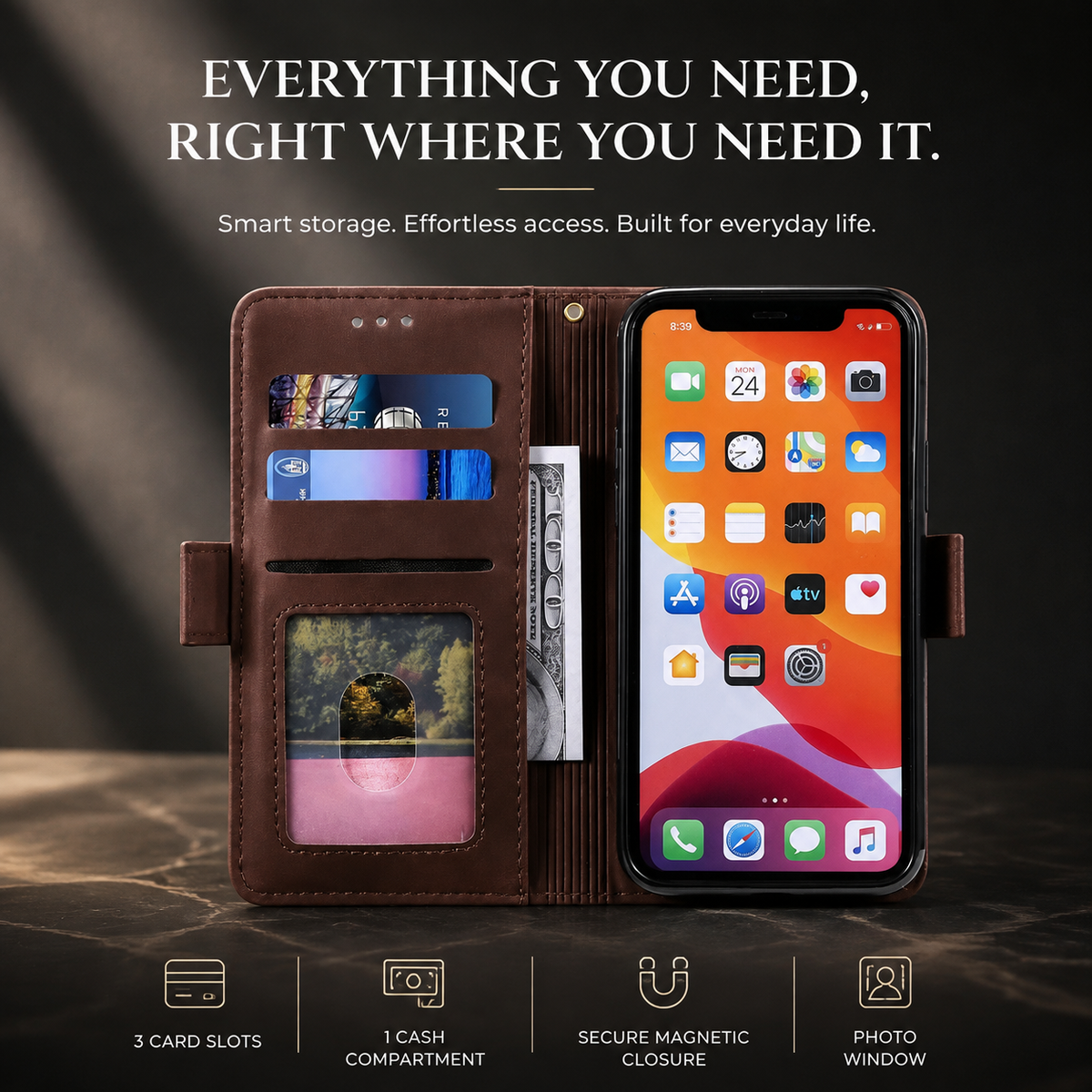 Premium iPhone Case Flip Wallet MagSafe Compatible Genuine Leather Magnetic Closure Card Holder Shockproof Protective Cover Camera Lens Protection Slim Design