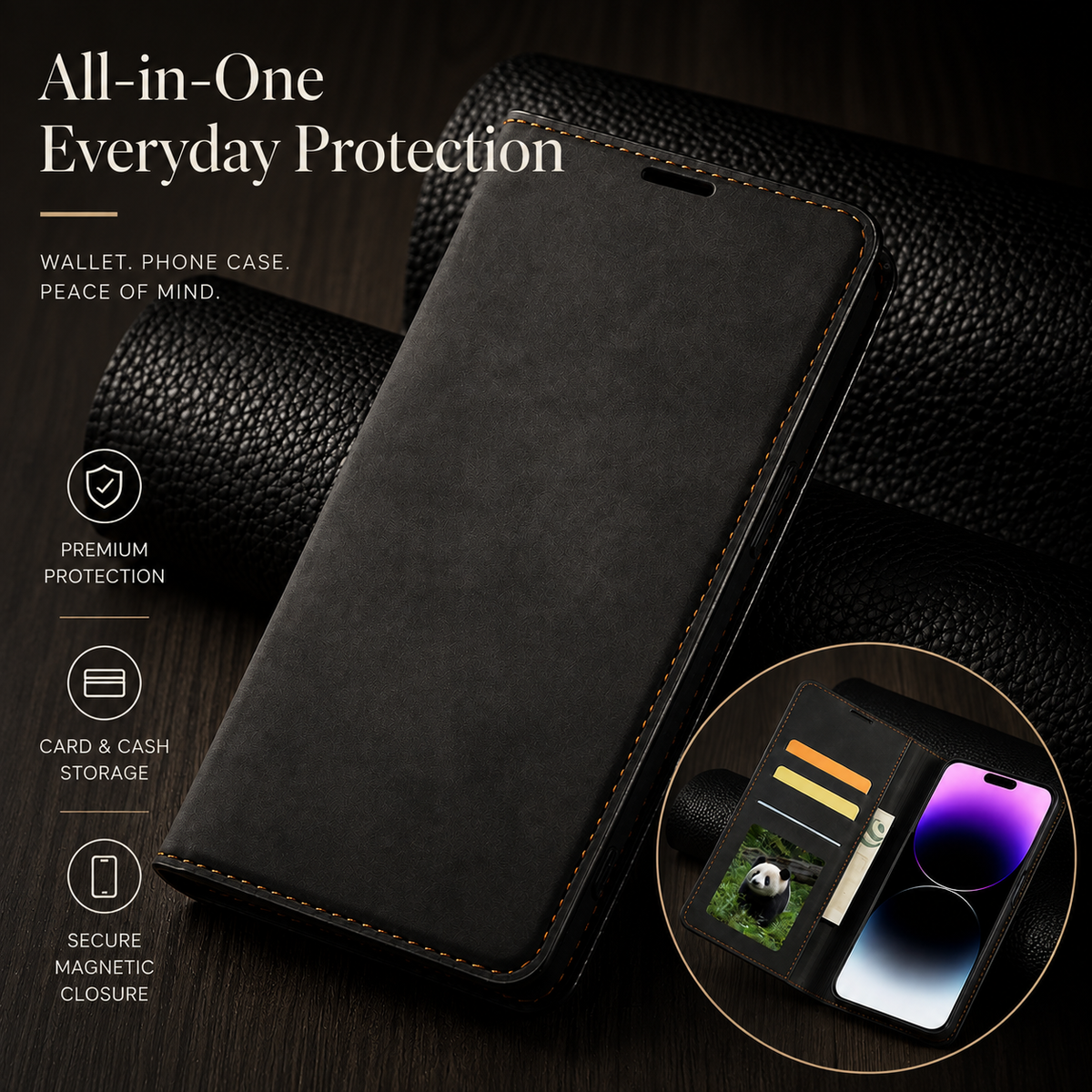 Premium iPhone Case Flip Wallet MagSafe Compatible Leather Card Holder Magnetic Closure Shockproof Protective Cover Camera Lens Protection Stand Function