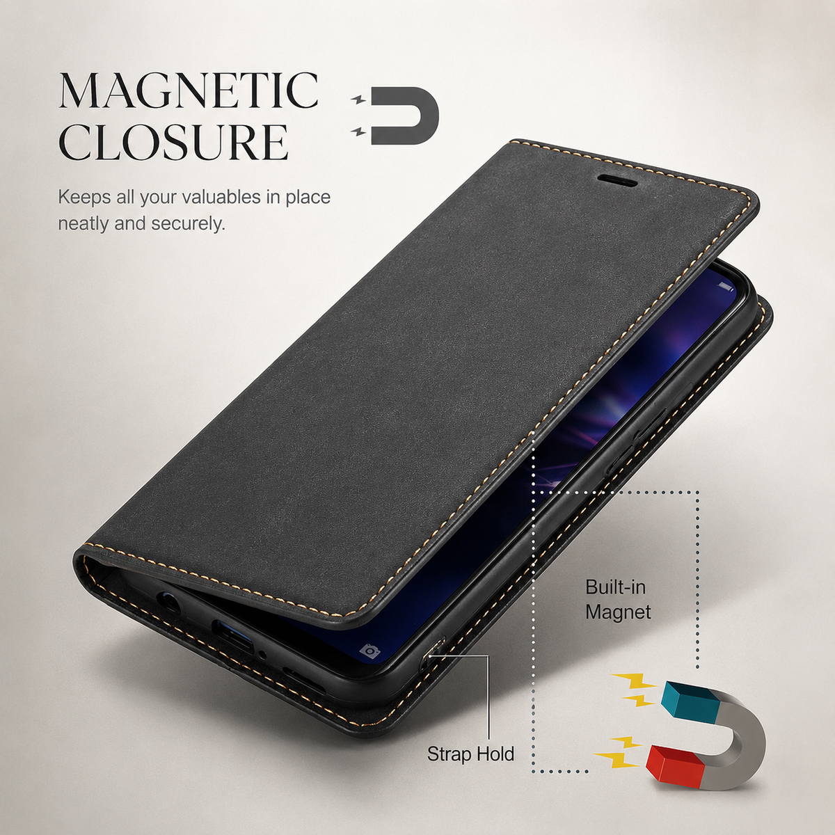 Premium iPhone Case Flip Wallet MagSafe Compatible Leather Card Holder Magnetic Closure Shockproof Protective Cover Camera Lens Protection Stand Function