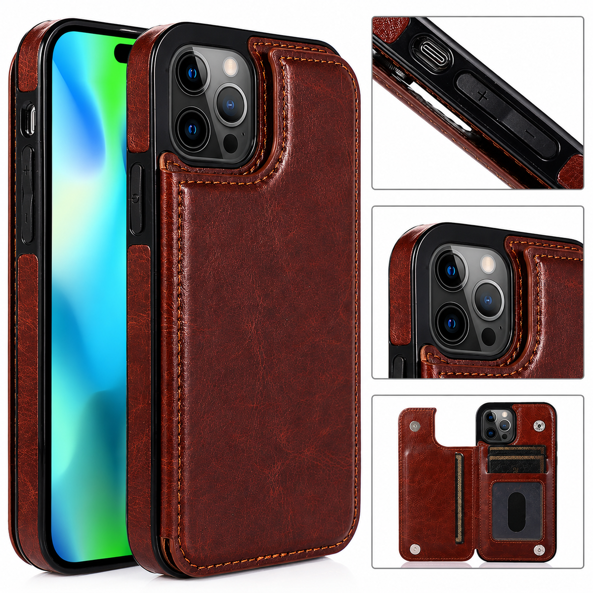 Premium iPhone Case Flip Wallet MagSafe Compatible Leather RFID Blocking Card Holder Magnetic Closure Shockproof Protective Cover Camera Lens Protection Stand Function