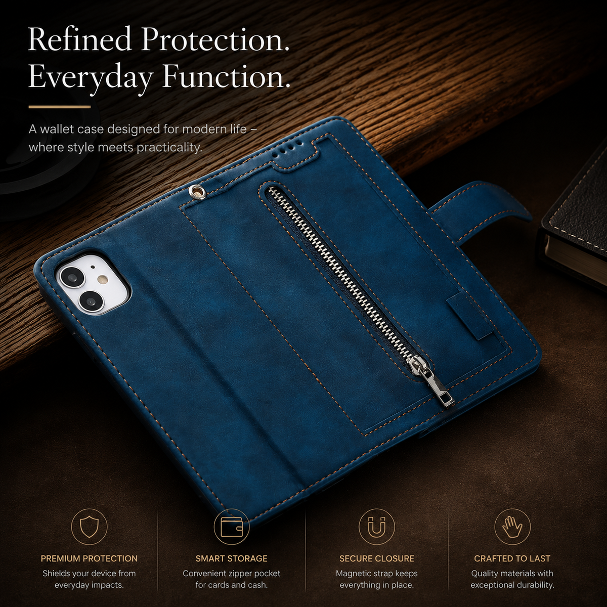 Premium iPhone Case Flip Wallet MagSafe Compatible Leather Zipper Card Holder Shockproof Protective Cover Strap Stand Function Camera Lens Protection