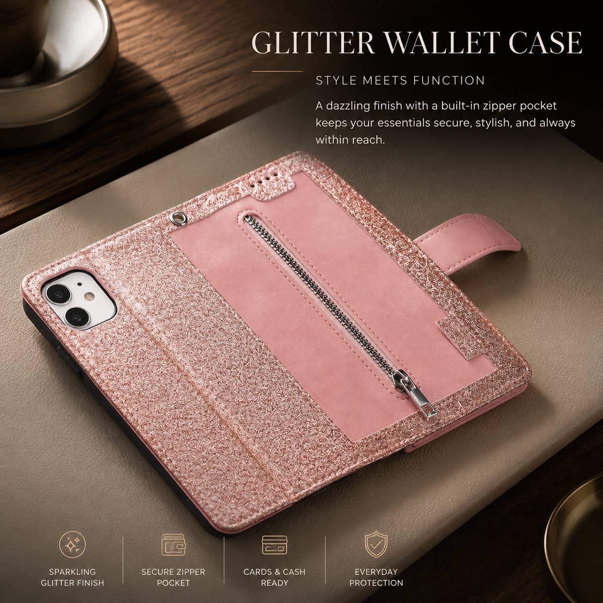 Premium iPhone Case Flip Wallet MagSafe Compatible Leather Zipper Card Holder Shockproof Protective Cover Strap Stand Function Camera Lens Protection