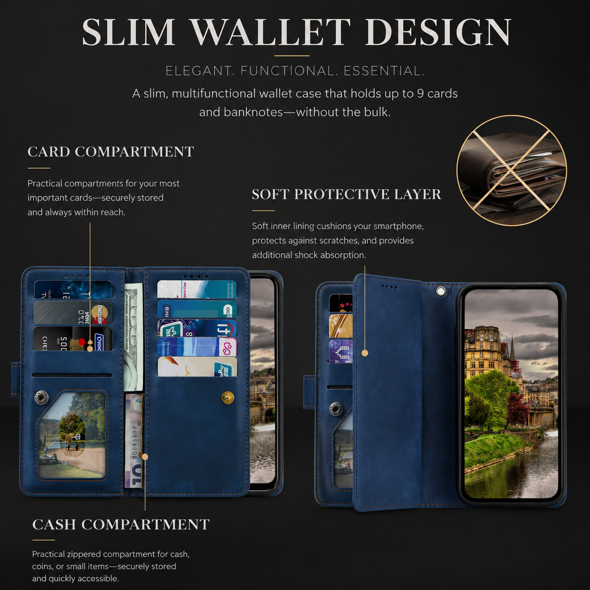 Premium iPhone Case Flip Wallet MagSafe Compatible Leather Zipper Card Holder Shockproof Protective Cover Strap Stand Function Camera Lens Protection