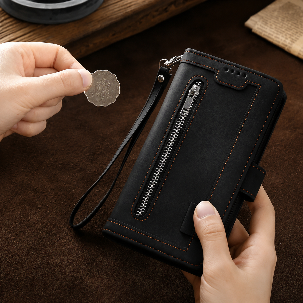 Premium iPhone Case Flip Wallet MagSafe Compatible Leather Zipper Card Holder Shockproof Protective Cover Strap Stand Function Camera Lens Protection