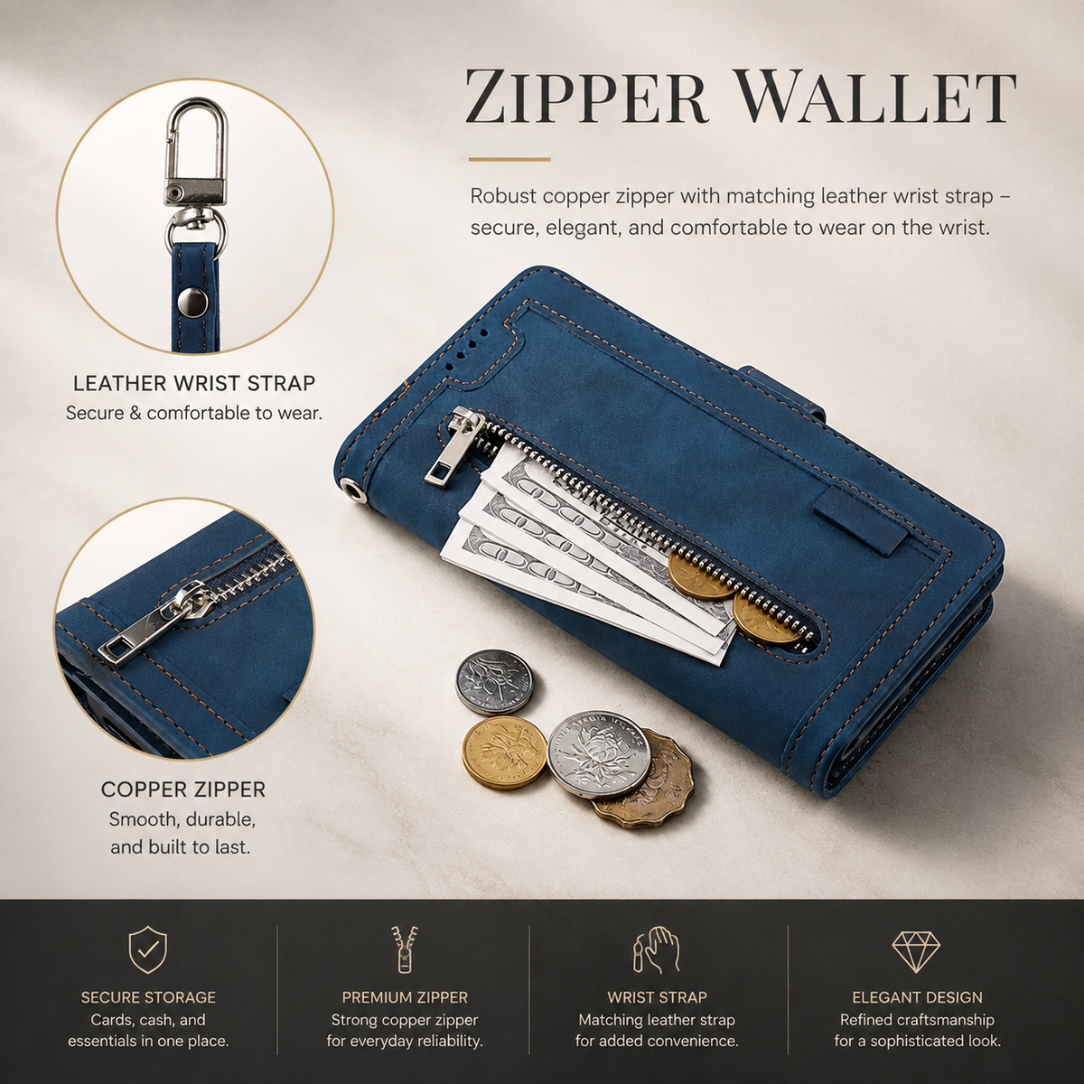 Premium iPhone Case Flip Wallet MagSafe Compatible Leather Zipper Card Holder Shockproof Protective Cover Strap Stand Function Camera Lens Protection