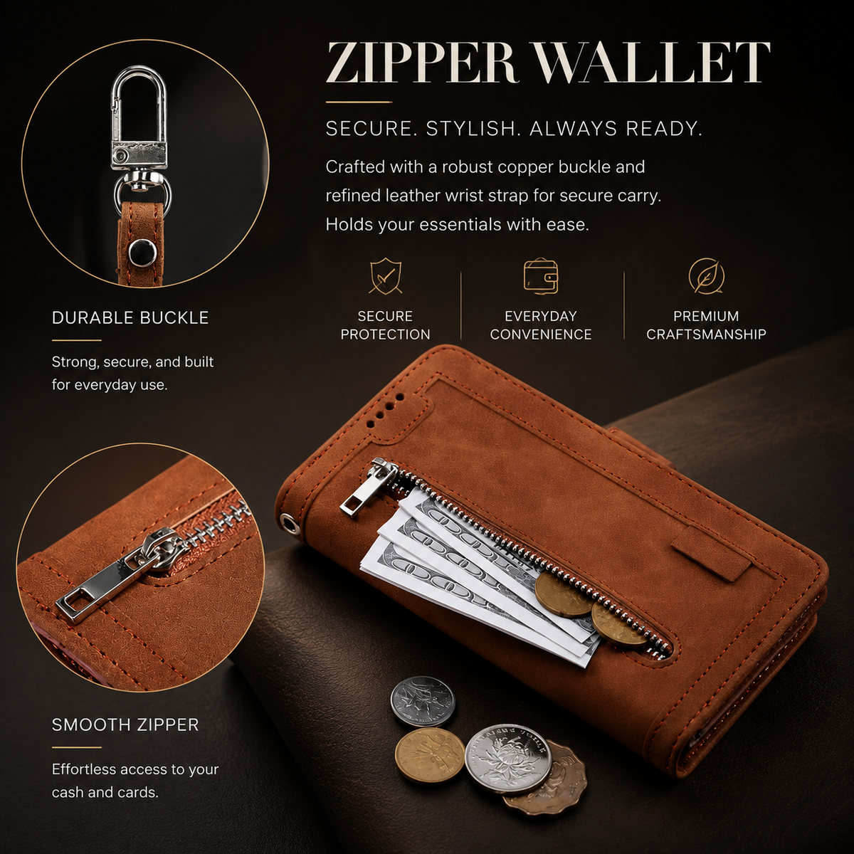 Premium iPhone Case Flip Wallet MagSafe Compatible Leather Zipper Card Holder Shockproof Protective Cover Strap Stand Function Camera Lens Protection
