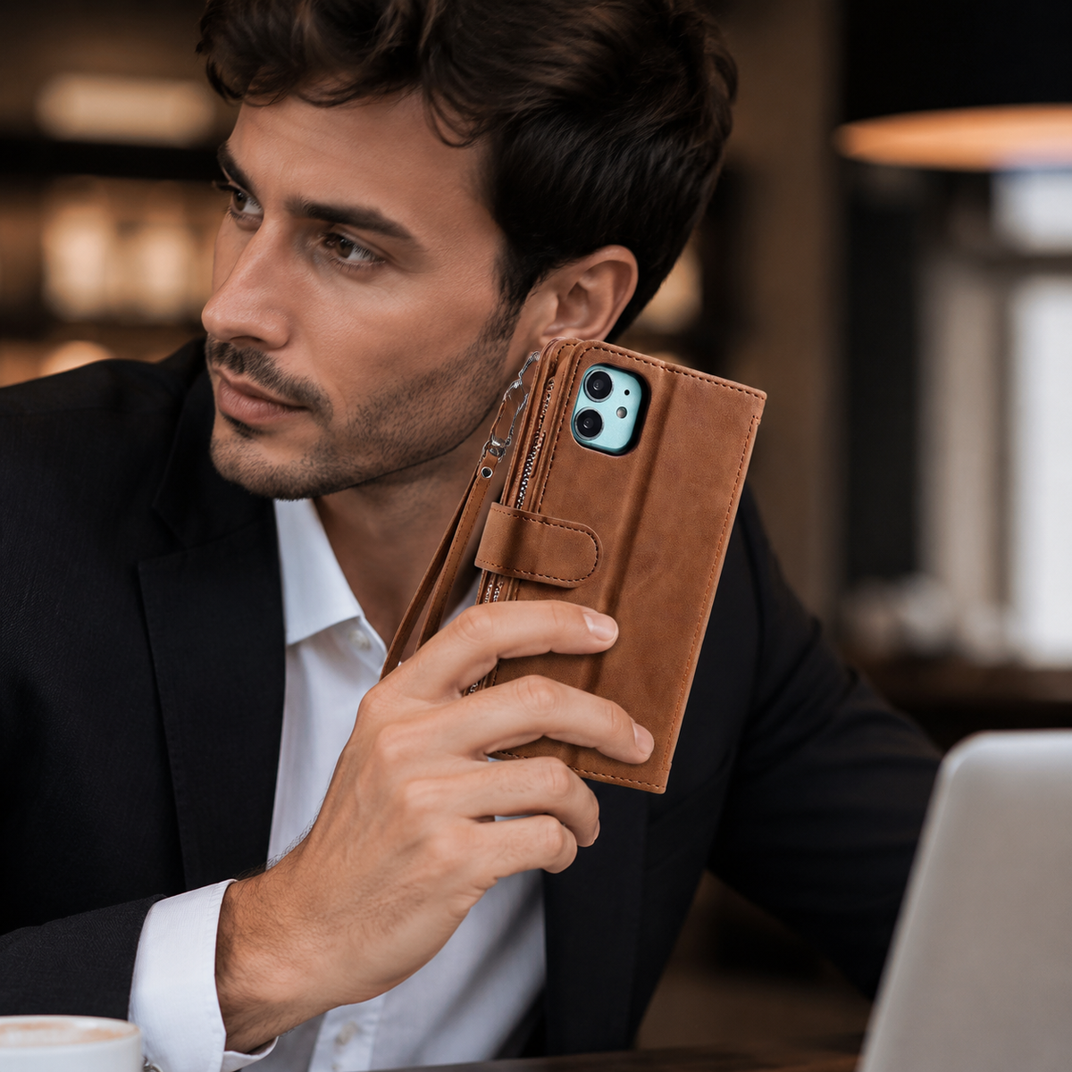 Premium iPhone Case Flip Wallet MagSafe Compatible Leather Zipper Card Holder Shockproof Protective Cover Strap Stand Function Camera Lens Protection